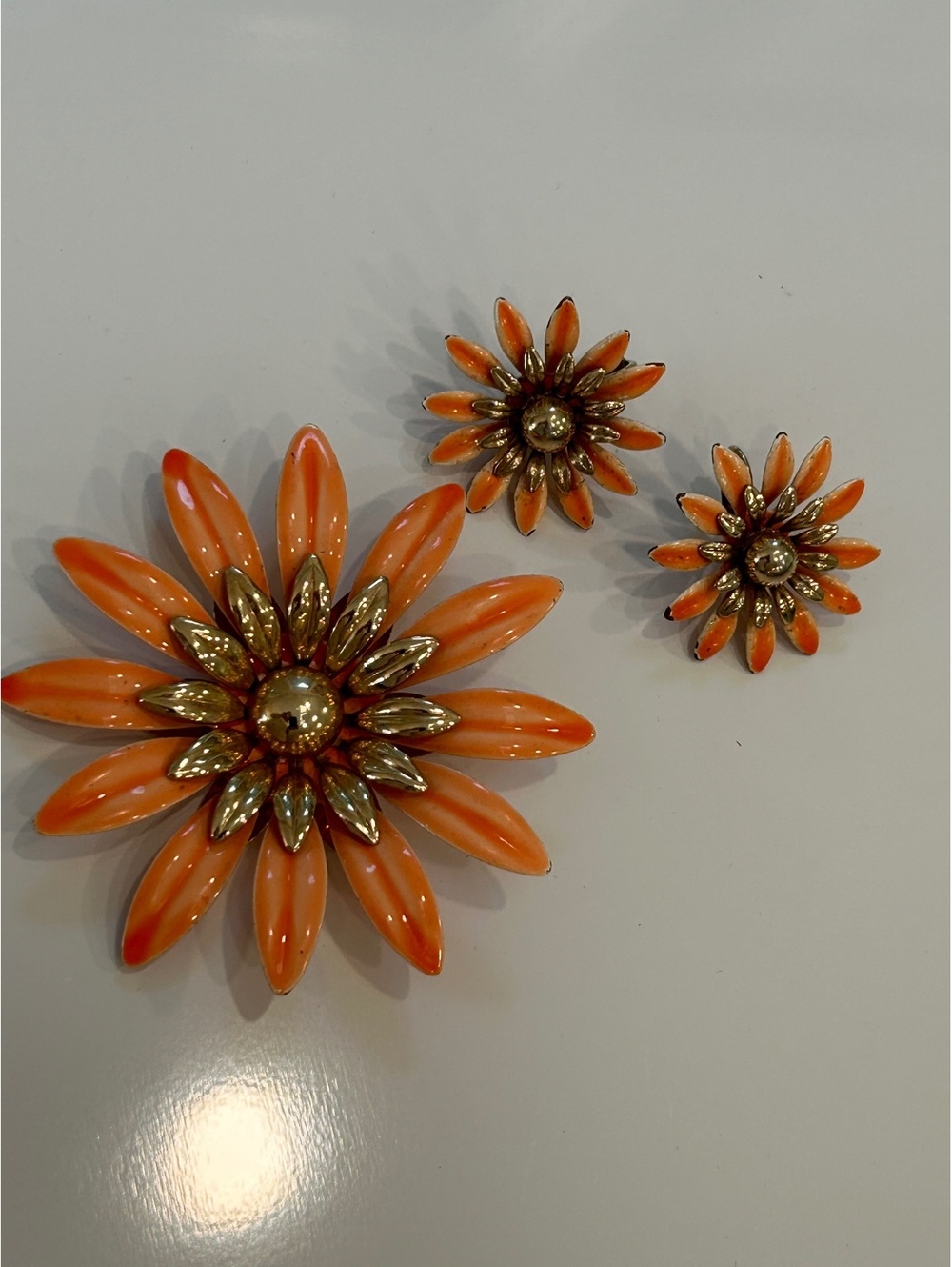 Vintage 1968 Sarah Coventry Orange Enamel Brooch Clip Earrings Set